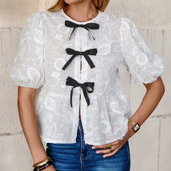 White Cute Women's Tie Collar Puff Sleeve Bow Decor Waist Slim Fit Shirt - Picture 4 of 7